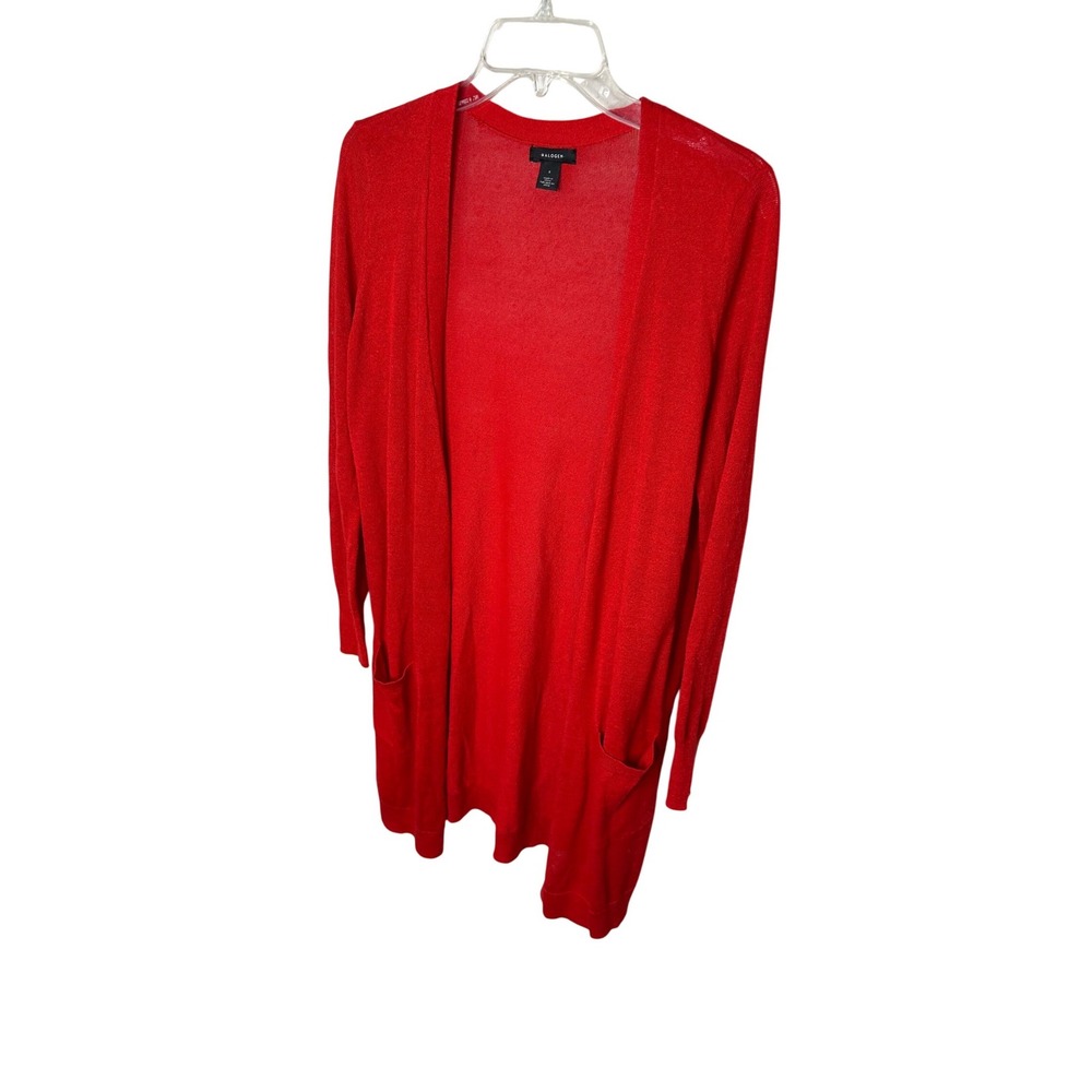 Halogen Red Lightweight Knit Cardigan Long Sleeve Open Front Pockets Size S
